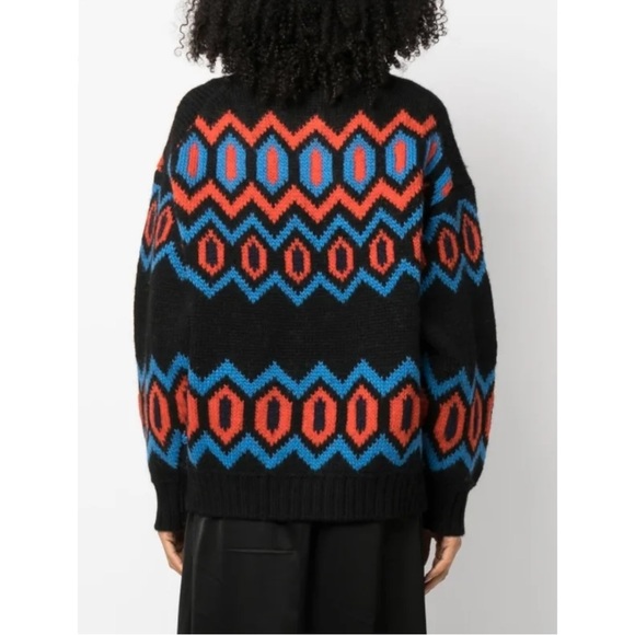 GANNI Black Red Blue Intarsia Organic Wool Chunky Knit Oversize Cardigan Sweater - Picture 10 of 11